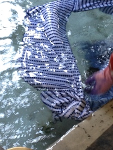 Mame Shibori washing out. Arimatsu. 2014. 